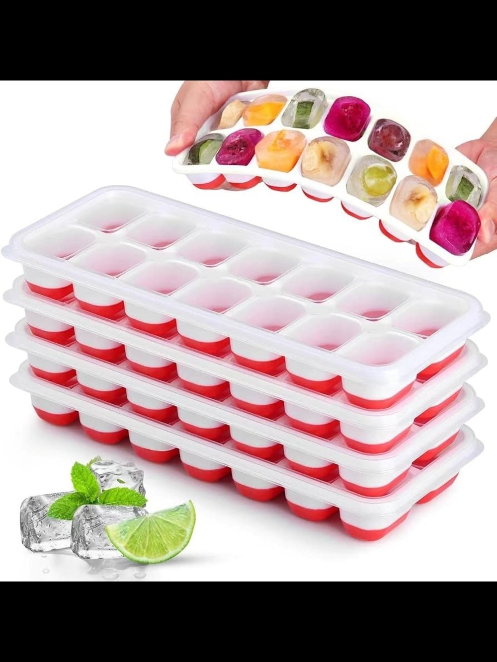 Stackable Silicone Ice Cube Trays with White Lids and Red Bases